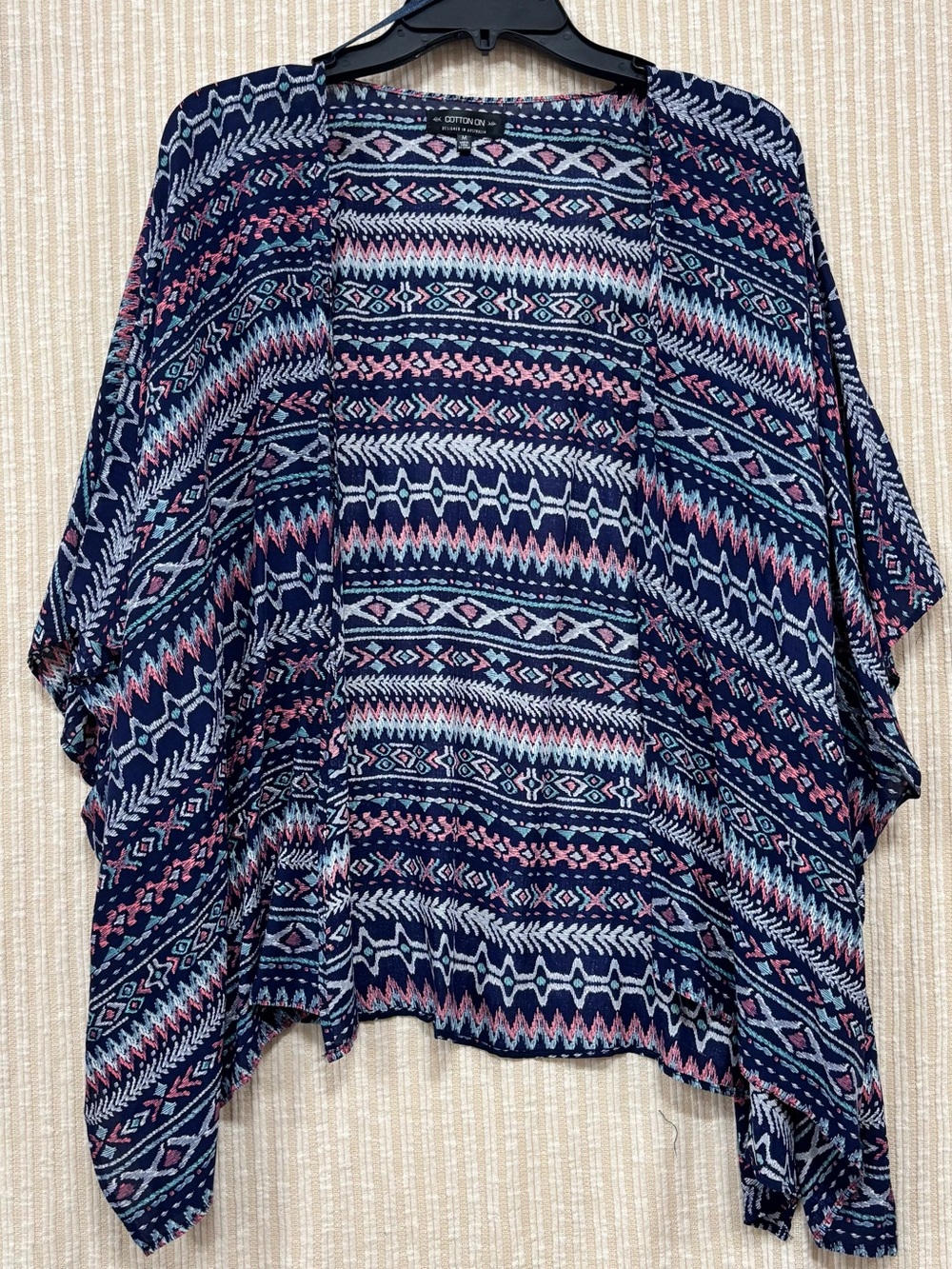 Cotton On Navy Aztec Open Front Kimono Cardigan with Pink & Light Blue Accents